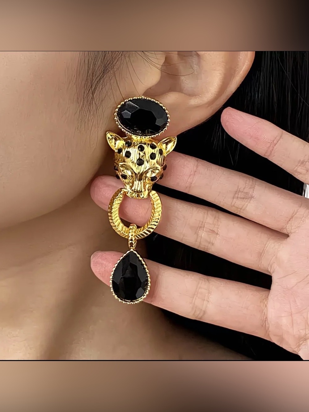 Gold Leopard Panther Head Drop Earrings with Black Stones NWOT